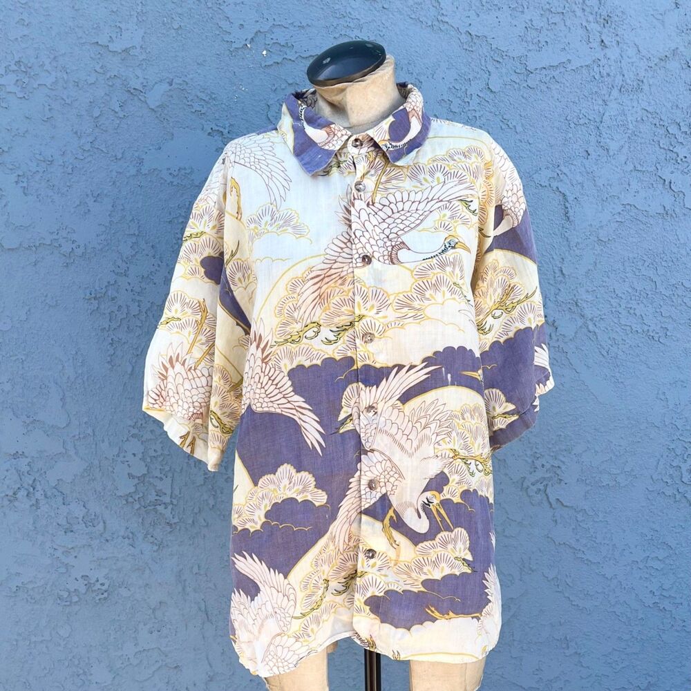 Citron Crane Blouse Linen Santa MonicaCrane butt on Up Size 0x Xl Asian motif